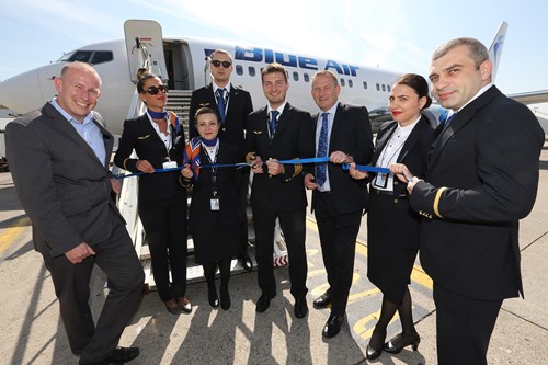LJLA’s CEO Andrew Cornish and Paul Winfield, Air Service Development Manager, celebrate the inaugural Liverpool to Cluj route whilst Blue Air Captain Popa Rares cuts the ribbon