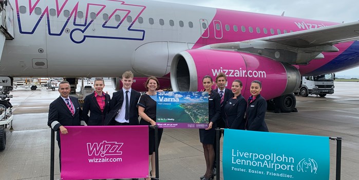 Wizz Air crew join LJLA's Commercial Director, Lucy O'Shaughnessy, to celebrate the first flight to Bulgaria's Black Sea resort of Varna.