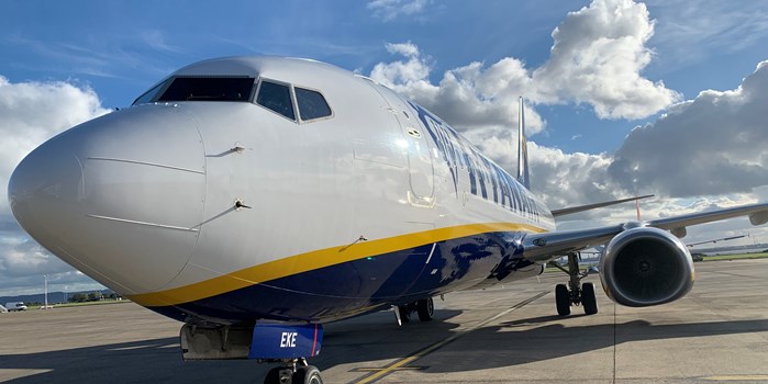 Ryanair plane on the tarmac at Liverpool John Lennon Airport in November 2021